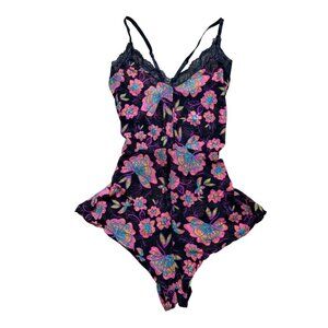 Venus Black‎ Floral Butterfly Print Lace Trim Sleeveless Romper Lingerie Size M
